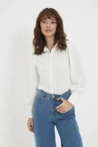 TRENDYOLMİLLA White Balloon Sleeve Cotton Regular Normal Pattern Weaving Shirt - Image 7