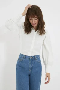 TRENDYOLMİLLA White Balloon Sleeve Cotton Regular Normal Pattern Weaving Shirt - Image 8