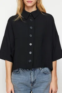 TRENDYOLMİLLA Black Oversized Wide Pattern Poor Sleeve Weaving Shirt - Image 3