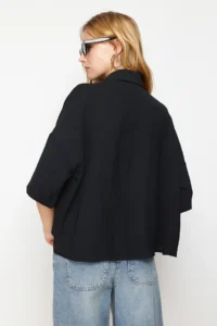 TRENDYOLMİLLA Black Oversized Wide Pattern Poor Sleeve Weaving Shirt - Image 6