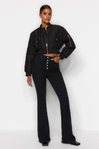 TRENDYOLMİLLA Black Front buttoned High Waist Middle Flexible Flare flared leg jeans