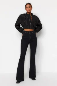 TRENDYOLMİLLA Black Front buttoned High Waist Middle Flexible Flare flared leg jeans - Image 2