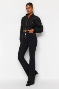 TRENDYOLMİLLA Black Front buttoned High Waist Middle Flexible Flare flared leg jeans - Image 3