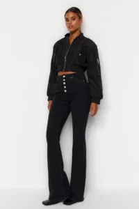 TRENDYOLMİLLA Black Front buttoned High Waist Middle Flexible Flare flared leg jeans - Image 4