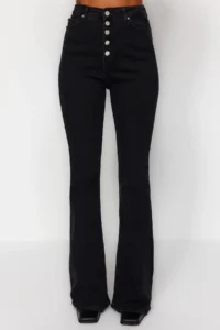TRENDYOLMİLLA Black Front buttoned High Waist Middle Flexible Flare flared leg jeans - Image 5