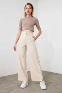 TRENDYOLMİLLA Stone Wide Leg/Wide Leg Sides buttoned Weaving Dress Pants - Image 6