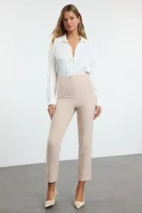 TRENDYOLMİLLA Beige Cigarette Pattern Pensli High Waist Bilek Size Weaving Dress Pants - Image 2
