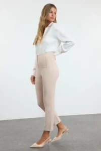TRENDYOLMİLLA Beige Cigarette Pattern Pensli High Waist Bilek Size Weaving Dress Pants - Image 3