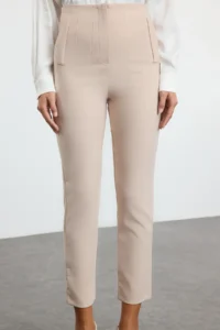TRENDYOLMİLLA Beige Cigarette Pattern Pensli High Waist Bilek Size Weaving Dress Pants - Image 5