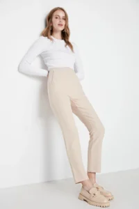 TRENDYOLMİLLA Beige Cigarette Pattern Pensli High Waist Bilek Size Weaving Dress Pants - Image 7