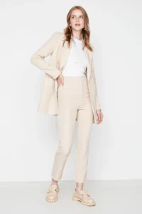 TRENDYOLMİLLA Beige Cigarette Pattern Pensli High Waist Bilek Size Weaving Dress Pants - Image 8