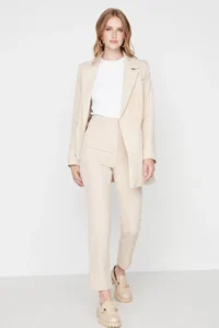 TRENDYOLMİLLA Beige Cigarette Pattern Pensli High Waist Bilek Size Weaving Dress Pants - Image 9