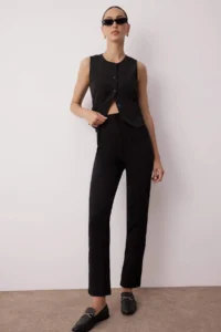 TRENDYOLMİLLA Black Cigarette Pattern Pensli High Waist Bilek Size Weaving Dress Pants - Image 2