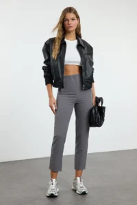 TRENDYOLMİLLA Anthracite Cigarette Pattern Pensli High Waist Bilek Size Weaving Dress Pants