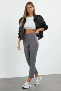 TRENDYOLMİLLA Anthracite Cigarette Pattern Pensli High Waist Bilek Size Weaving Dress Pants - Image 2