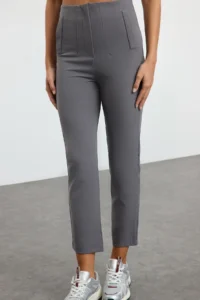 TRENDYOLMİLLA Anthracite Cigarette Pattern Pensli High Waist Bilek Size Weaving Dress Pants - Image 3