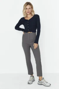 TRENDYOLMİLLA Anthracite Cigarette Pattern Pensli High Waist Bilek Size Weaving Dress Pants - Image 6