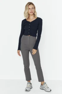 TRENDYOLMİLLA Anthracite Cigarette Pattern Pensli High Waist Bilek Size Weaving Dress Pants - Image 7