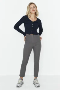 TRENDYOLMİLLA Anthracite Cigarette Pattern Pensli High Waist Bilek Size Weaving Dress Pants - Image 8