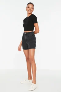 TRENDYOLMiLLA Black More Sustainable pleated High Waist City Size denim Shorts - Image 3