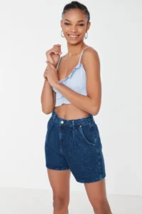 TRENDYOLMiLLA Mavi More Sustainable pleated High Waist City Size denim Shorts - Image 5