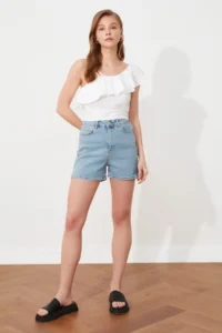 TRENDYOLMiLLA Mavi More Sustainable High Waist comfort/Flexible City Size denim Shorts - Image 7
