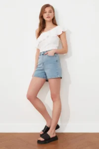 TRENDYOLMiLLA Mavi More Sustainable High Waist comfort/Flexible City Size denim Shorts - Image 8