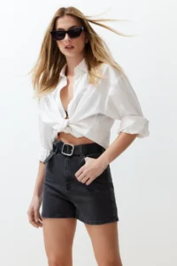 TRENDYOLMiLLA Anthracite More Sustainable High Waist City Size denim Shorts - Image 3