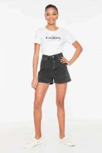 TRENDYOLMiLLA Anthracite More Sustainable High Waist City Size denim Shorts - Image 7