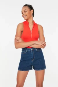 TRENDYOLMiLLA Indigo More Sustainable High Waist City Size denim Shorts - Image 3