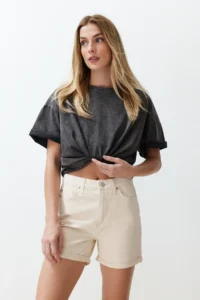 TRENDYOLMiLLA Ecru Leg folded High Waist City Size denim Shorts - Image 3