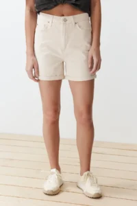 TRENDYOLMiLLA Ecru Leg folded High Waist City Size denim Shorts - Image 5