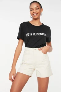 TRENDYOLMiLLA Ecru Leg folded High Waist City Size denim Shorts - Image 8