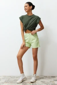 TRENDYOLMiLLA Water Green folded High Waist denim Shorts - Image 3