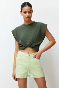 TRENDYOLMiLLA Water Green folded High Waist denim Shorts - Image 4