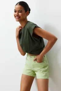 TRENDYOLMiLLA Water Green folded High Waist denim Shorts - Image 7