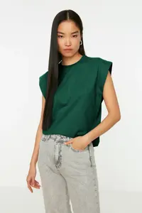 TRENDYOLMİLLA Emerald Green Detailed 100% Cotton Wadding Look Basic Crew Neck Knitting T-Shirt - Image 5