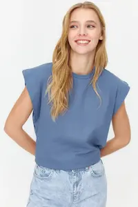 TRENDYOLMİLLA Indigo 100% Cotton Wadding Look Basic Crew Neck Knitting T-Shirt