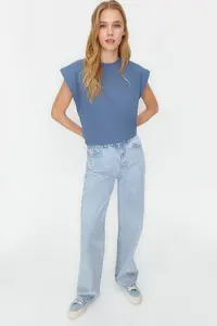 TRENDYOLMİLLA Indigo 100% Cotton Wadding Look Basic Crew Neck Knitting T-Shirt - Image 2
