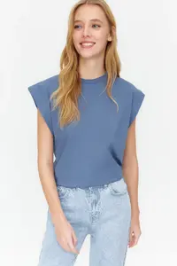 TRENDYOLMİLLA Indigo 100% Cotton Wadding Look Basic Crew Neck Knitting T-Shirt - Image 3