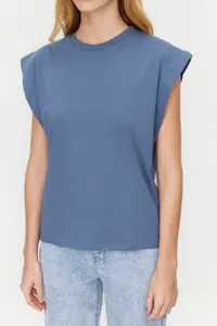 TRENDYOLMİLLA Indigo 100% Cotton Wadding Look Basic Crew Neck Knitting T-Shirt - Image 5