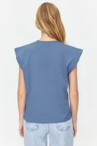 TRENDYOLMİLLA Indigo 100% Cotton Wadding Look Basic Crew Neck Knitting T-Shirt - Image 6
