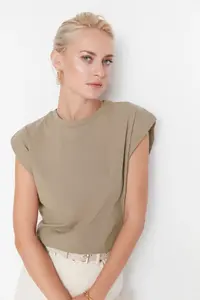 TRENDYOLMİLLA Mink 100% Cotton Wadding Look Basic Crew Neck Knitting T-Shirt - Image 5