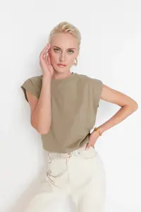 TRENDYOLMİLLA Mink 100% Cotton Wadding Look Basic Crew Neck Knitting T-Shirt - Image 6