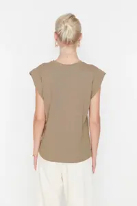 TRENDYOLMİLLA Mink 100% Cotton Wadding Look Basic Crew Neck Knitting T-Shirt - Image 9