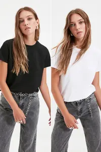 TRENDYOLMİLLA Multicolored 100% Cotton single jersey Crew Neck 2 Sets Paket Knitting T-Shirt