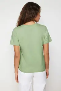 TRENDYOLMİLLA Petrol-MINT 100% Cotton Crew Neck 2 Sets Paket Knitting T-Shirt - Image 3