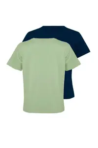 TRENDYOLMİLLA Petrol-MINT 100% Cotton Crew Neck 2 Sets Paket Knitting T-Shirt - Image 5