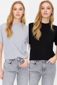 TRENDYOLMİLLA Black-Gray Melange 2 Sets Paket Basic Dog collar Knitting T-Shirt