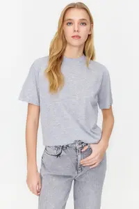TRENDYOLMİLLA Black-Gray Melange 2 Sets Paket Basic Dog collar Knitting T-Shirt - Image 2